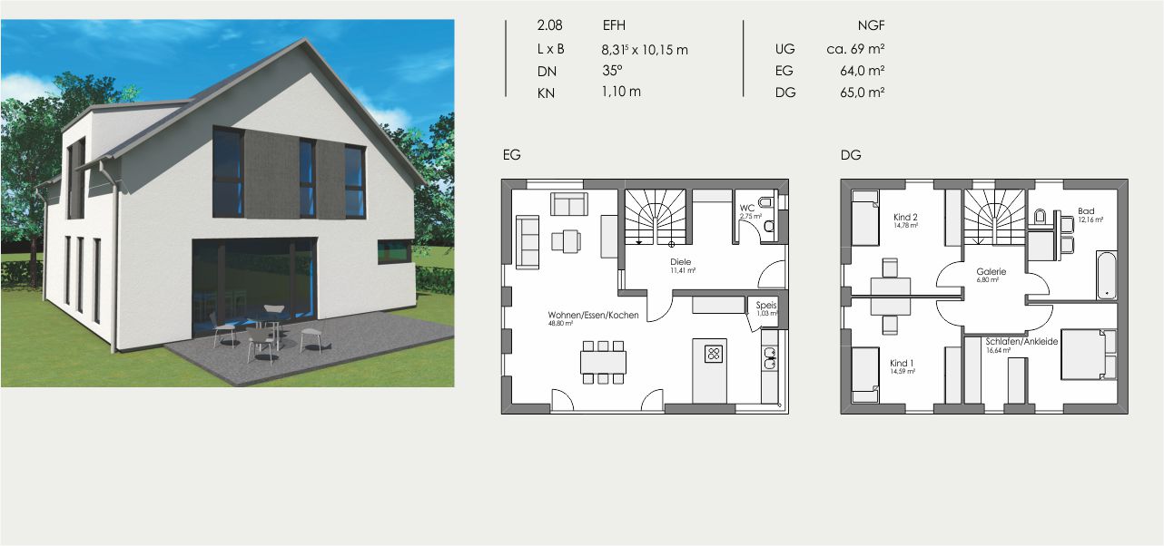 Einfamilienhaus, Länge: 8,315m, Breite: 10,15m, Dachneigung: 35°, Kniestock: 1,10m, UG: ca. 69m², EG: 64m², DG: 65m²